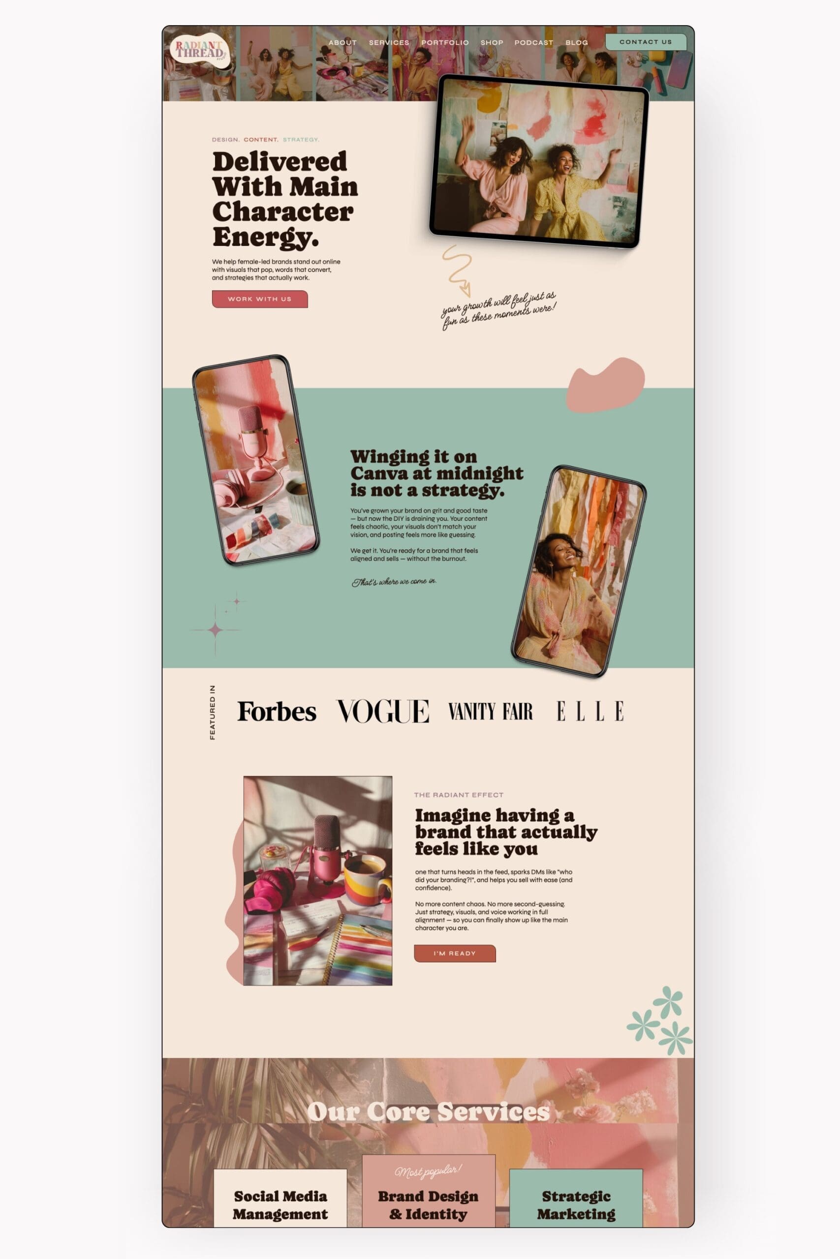 Retro & colorful Showit website template for creative agencies displayed on a tablet and phone mockup against a clean white background.