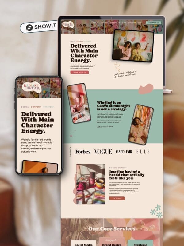 Retro & colorful Showit website template for creative agencies displayed on a tablet and phone mockup against a clean white background.