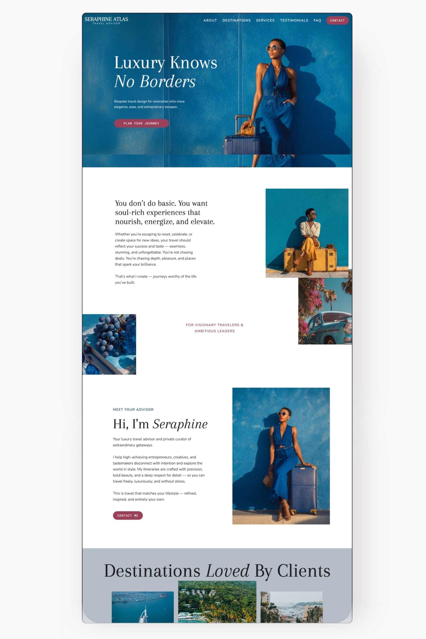 Modern One Page Showit template for travel advisors and travel agents displayed a clean white background.