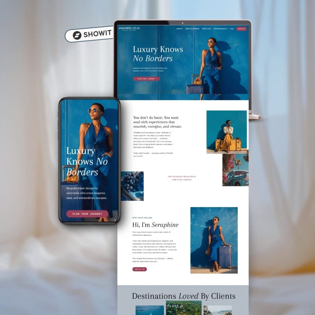 Modern One Page Showit template for travel advisors and travel agents displayed a clean white background.