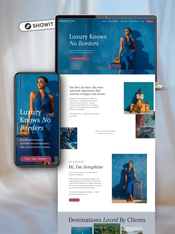 Modern One Page Showit template for travel advisors and travel agents displayed a clean white background.