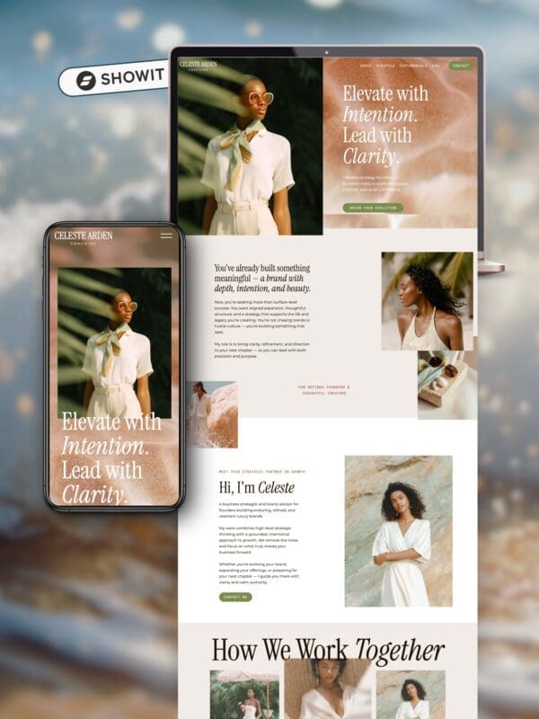 Modern One Page Showit template for coaches and consultants displayed a clean white background.