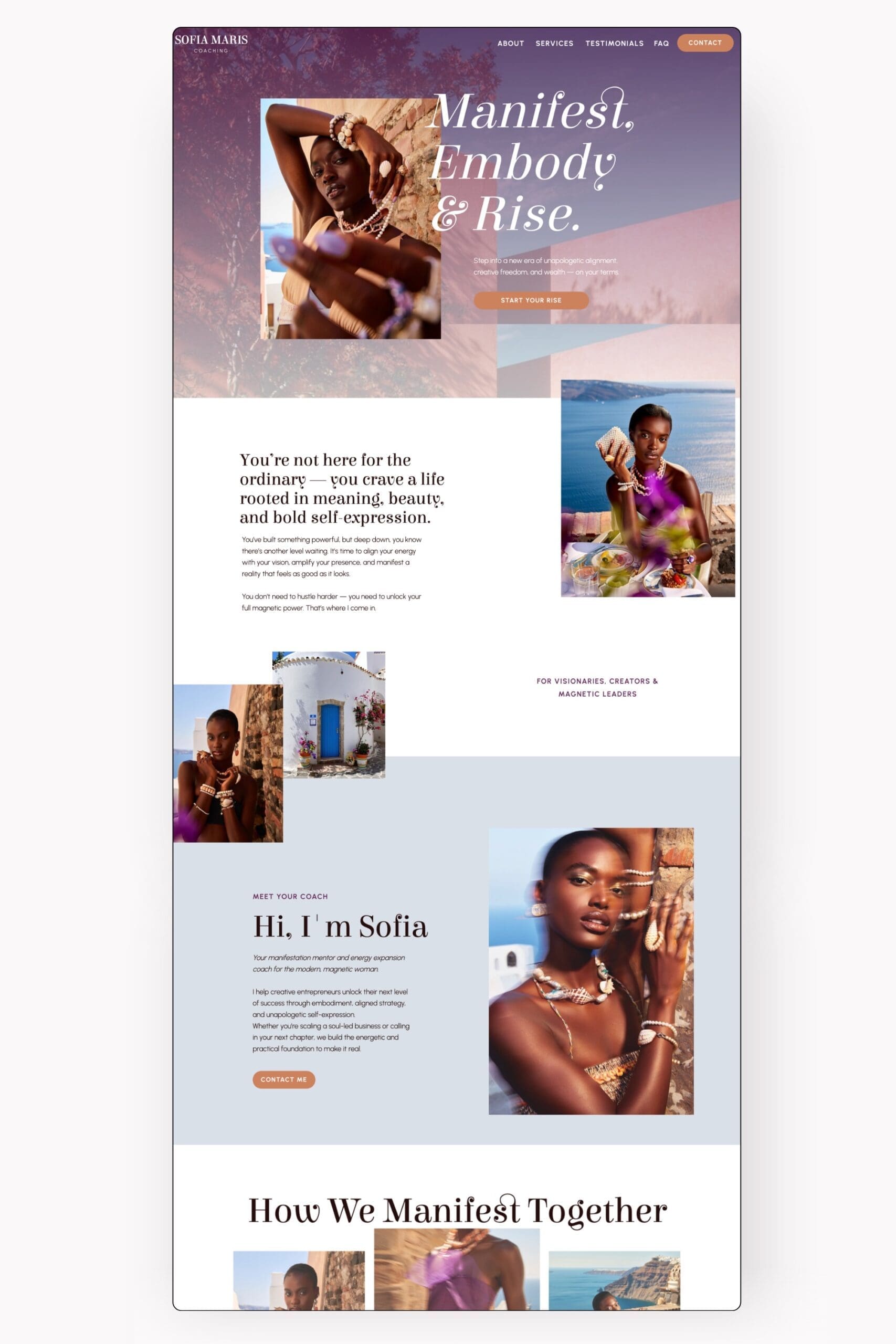 Modern One Page Showit template for spiritual coaches displayed a clean white background.
