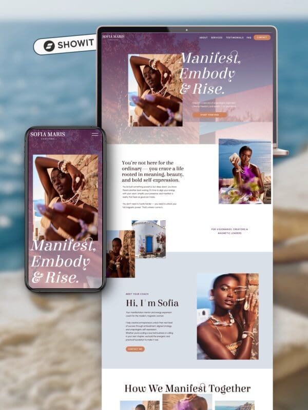 Modern One Page Showit template for spiritual coaches displayed a clean white background.