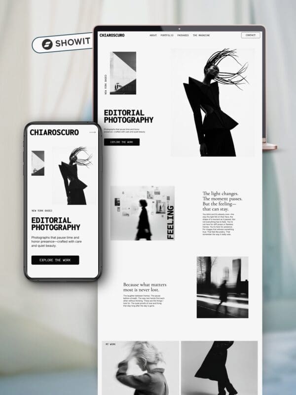 Black and white Showit website template for photographers displayed on a tablet and phone mockup against a clean white background.