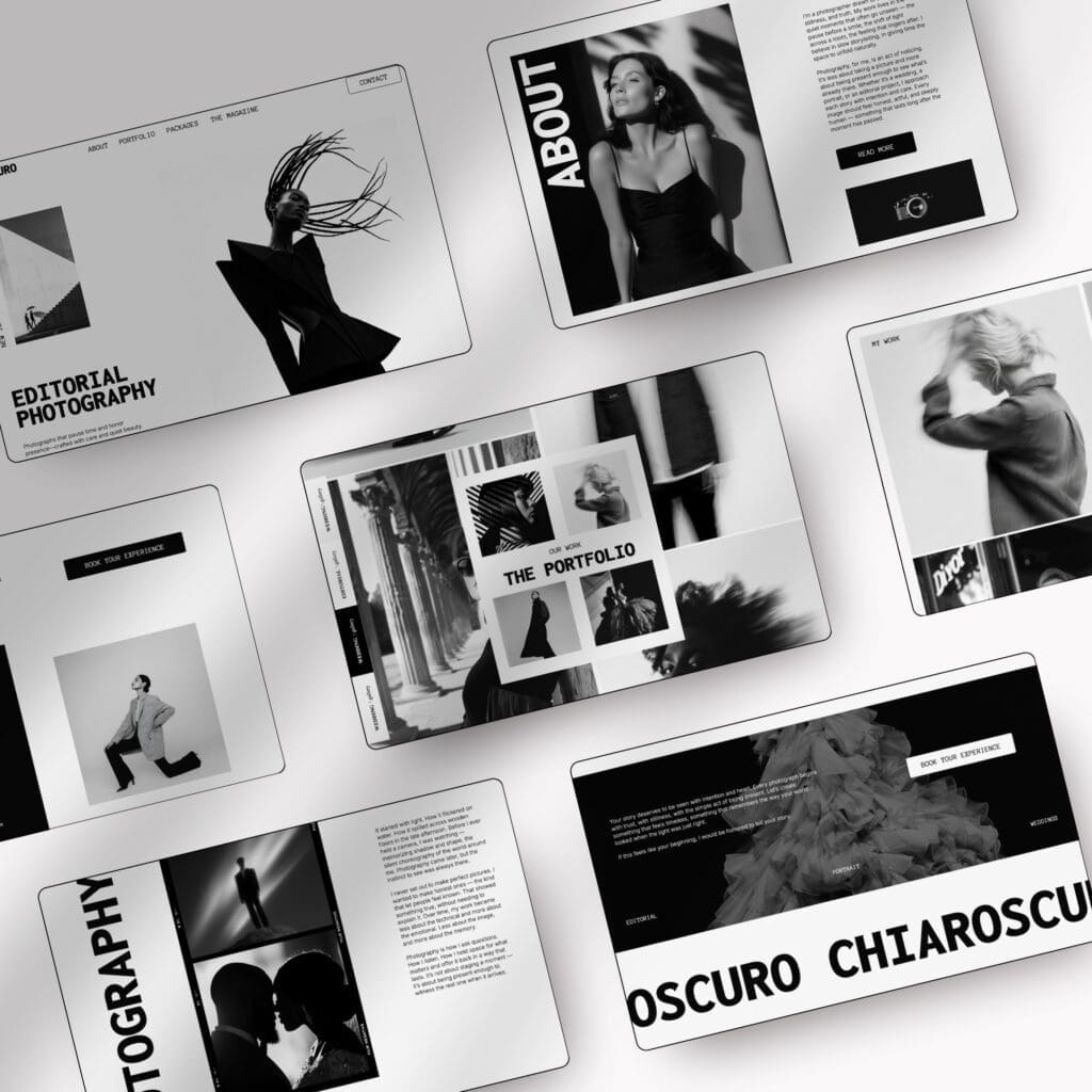Black and white Showit website template for photographers displayed on a tablet and phone mockup against a clean white background.