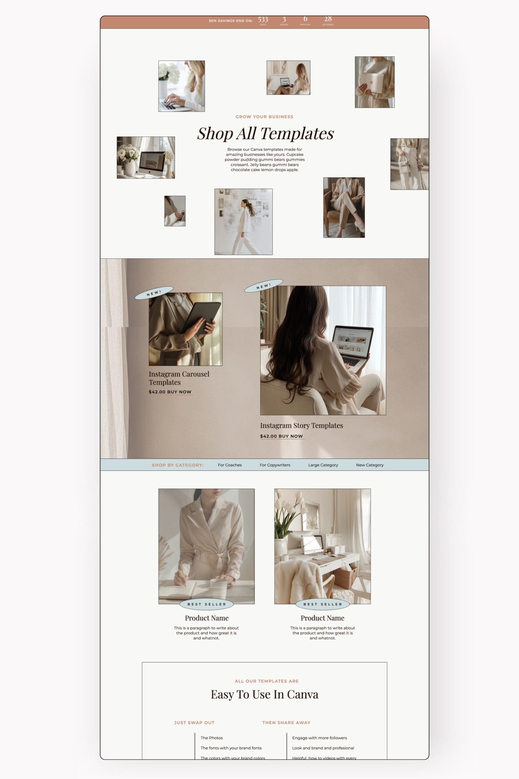 Modern Showit Shop Page add on template displayed on a clean white background.