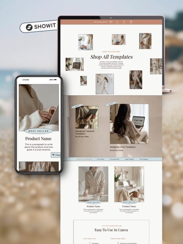 Modern Showit Shop Page add on template displayed on a clean white background.